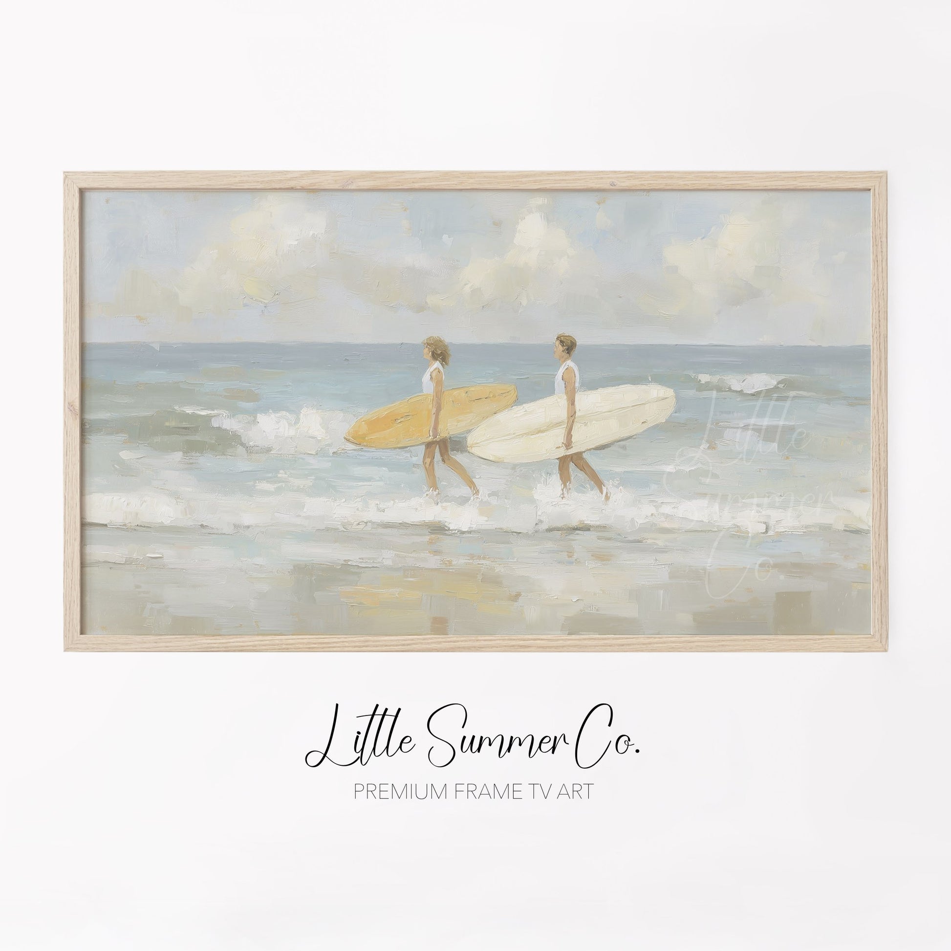 Surfers With Surfboards Frame TV Art displayed on a TV