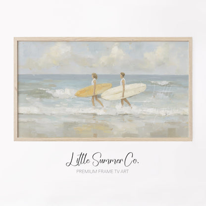Surfers With Surfboards Frame TV Art displayed on a TV