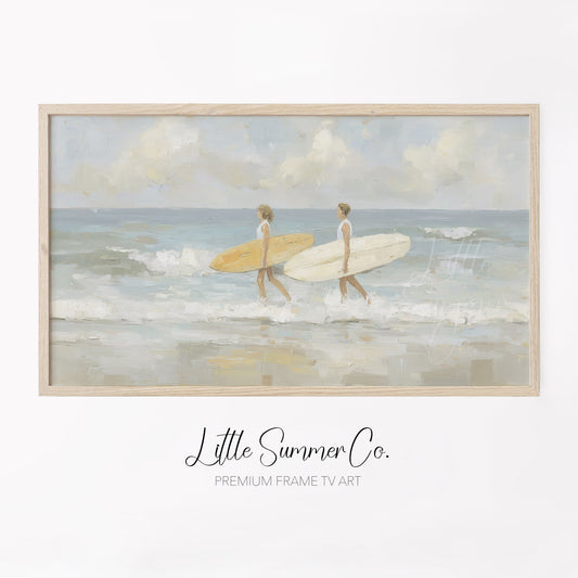 Surfers With Surfboards Frame TV Art displayed on a TV