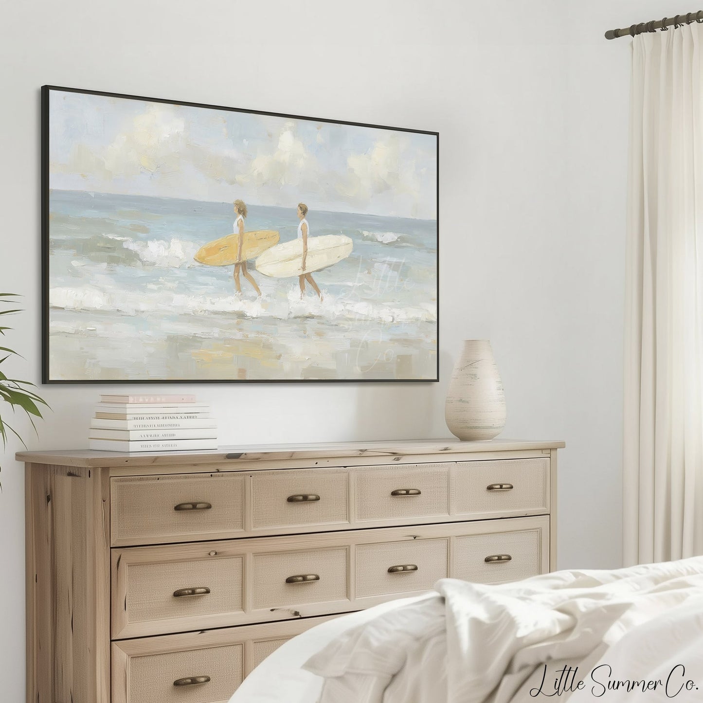 Surfers With Surfboards Frame TV Art displayed on a TV