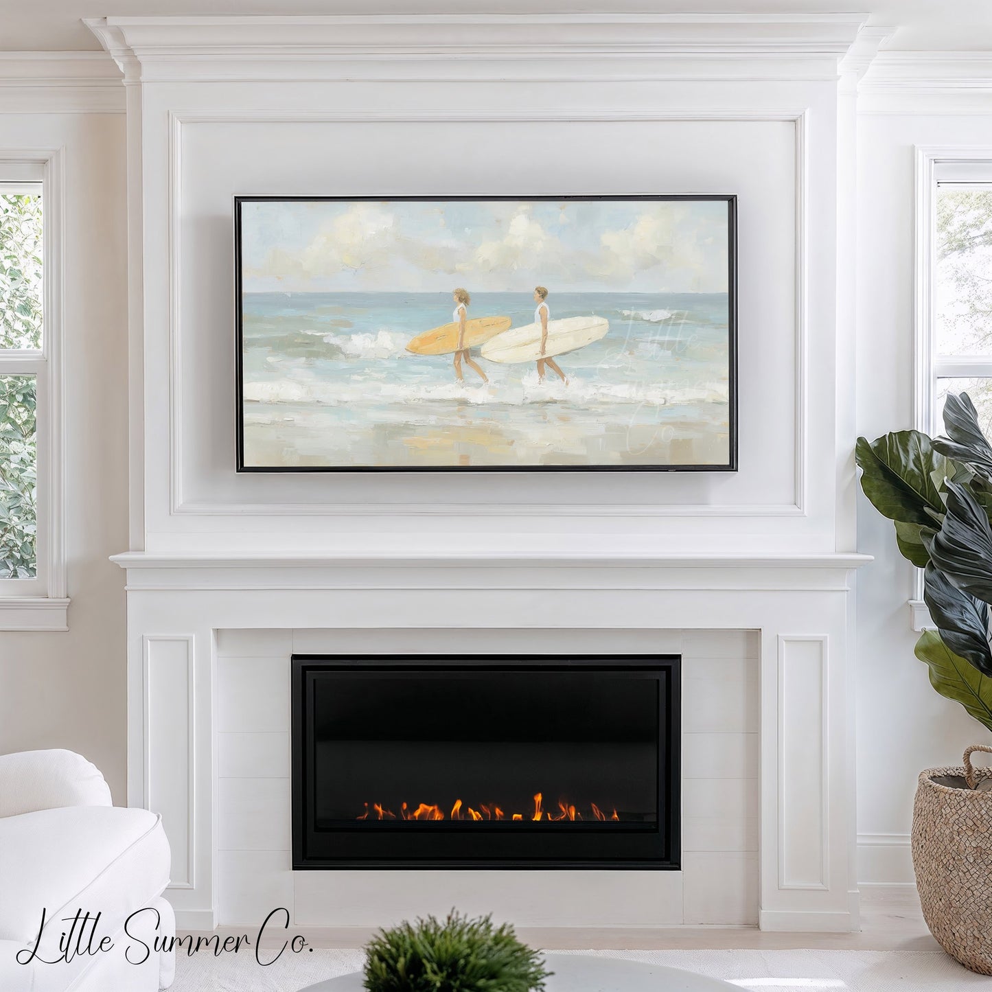 Surfers With Surfboards Frame TV Art displayed on a TV
