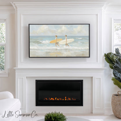 Surfers With Surfboards Frame TV Art displayed on a TV