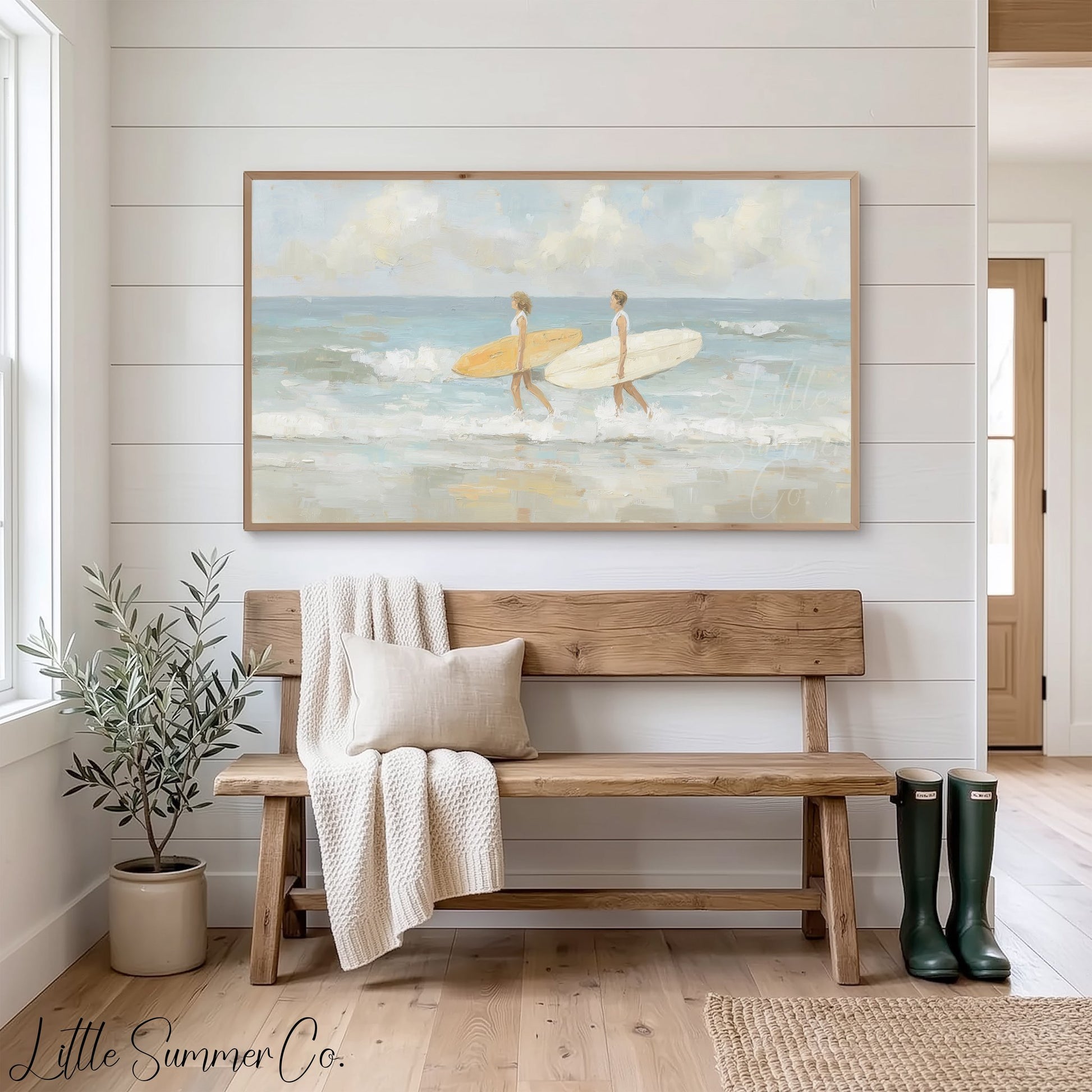 Surfers With Surfboards Frame TV Art displayed on a TV
