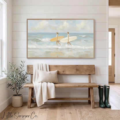 Surfers With Surfboards Frame TV Art displayed on a TV