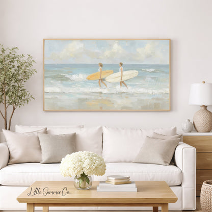 Surfers With Surfboards Frame TV Art displayed on a TV