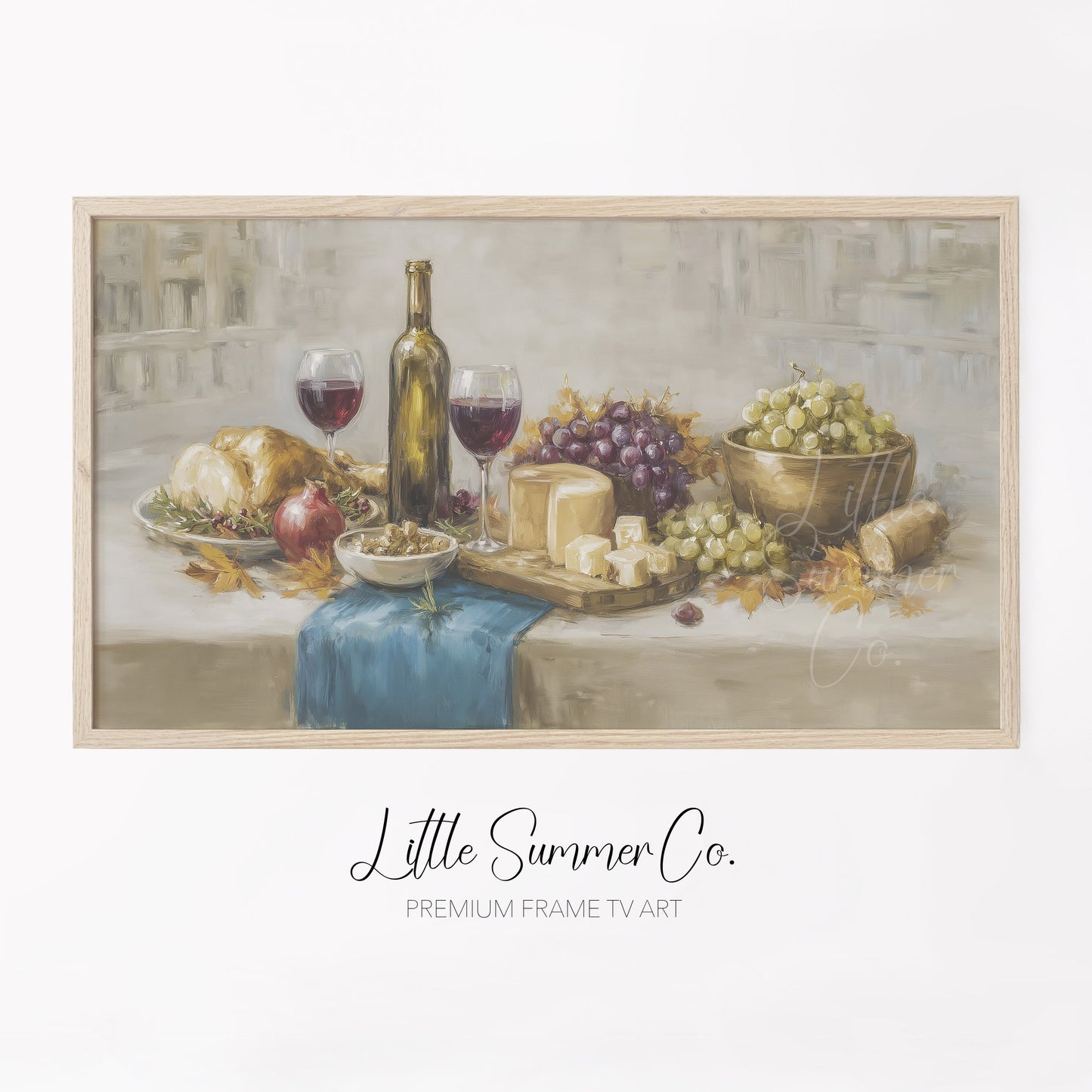 Wine Grapes Cheese Frame TV Art displayed on a TV