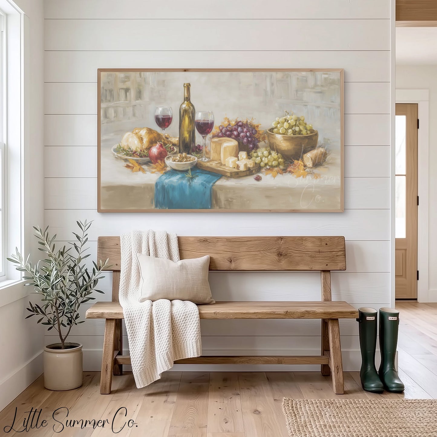 Wine Grapes Cheese Frame TV Art displayed on a TV