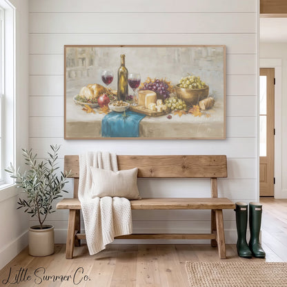 Wine Grapes Cheese Frame TV Art displayed on a TV