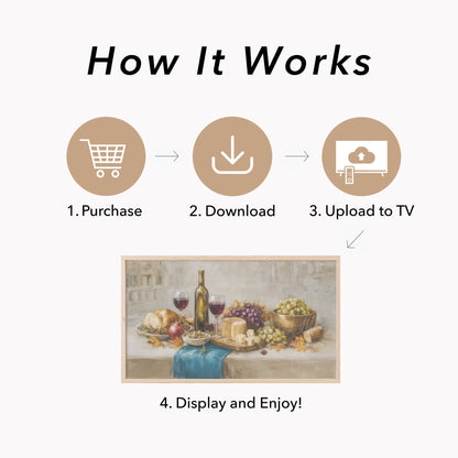 Wine Grapes Cheese Frame TV Art displayed on a TV