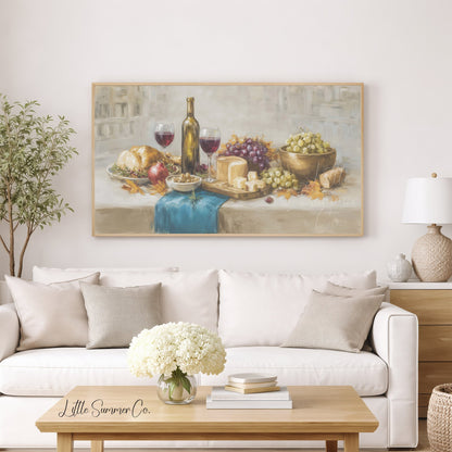 Wine Grapes Cheese Frame TV Art displayed on a TV