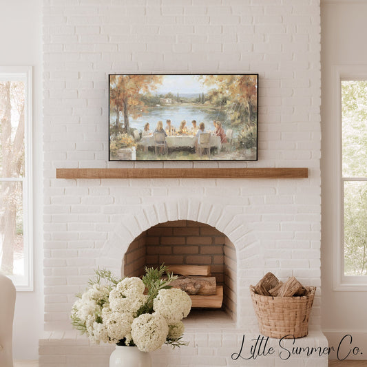 Lakeside Dinner Gathering Frame TV Art displayed on a TV
