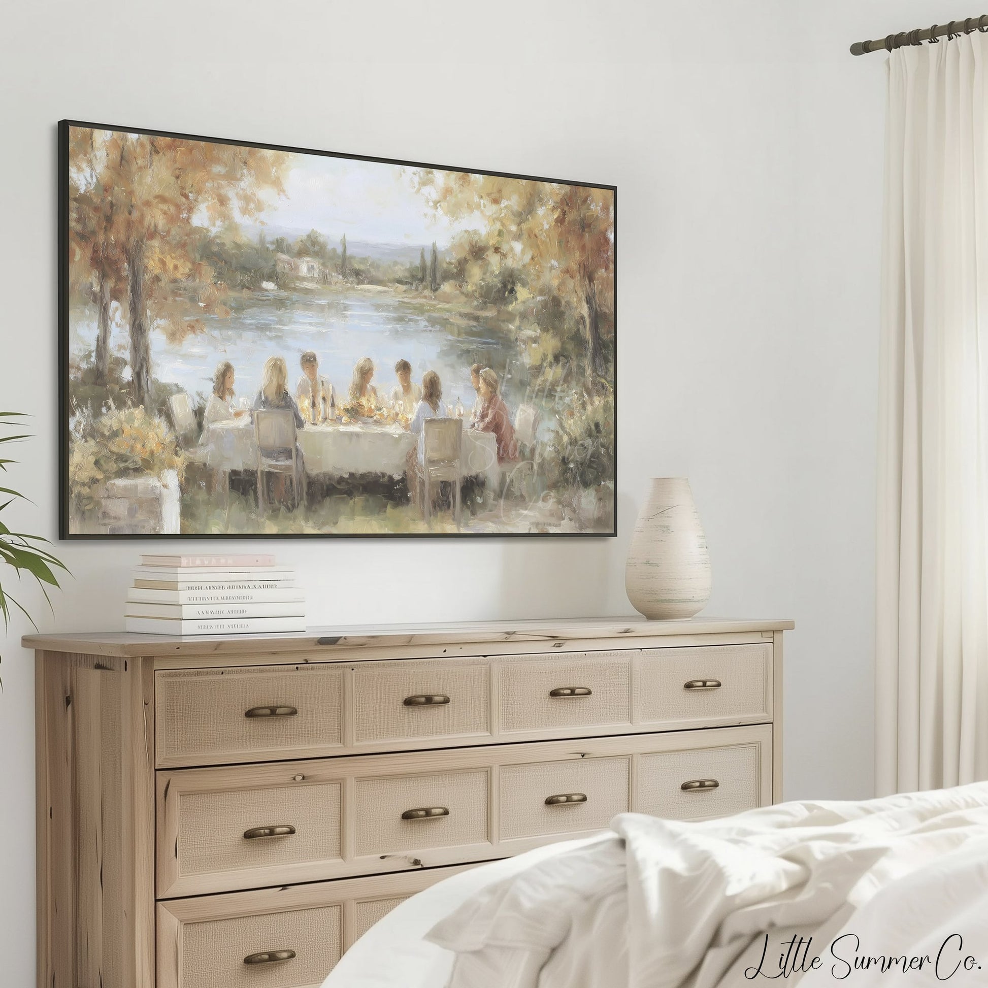Lakeside Dinner Gathering Frame TV Art displayed on a TV