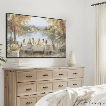Lakeside Dinner Gathering Frame TV Art displayed on a TV