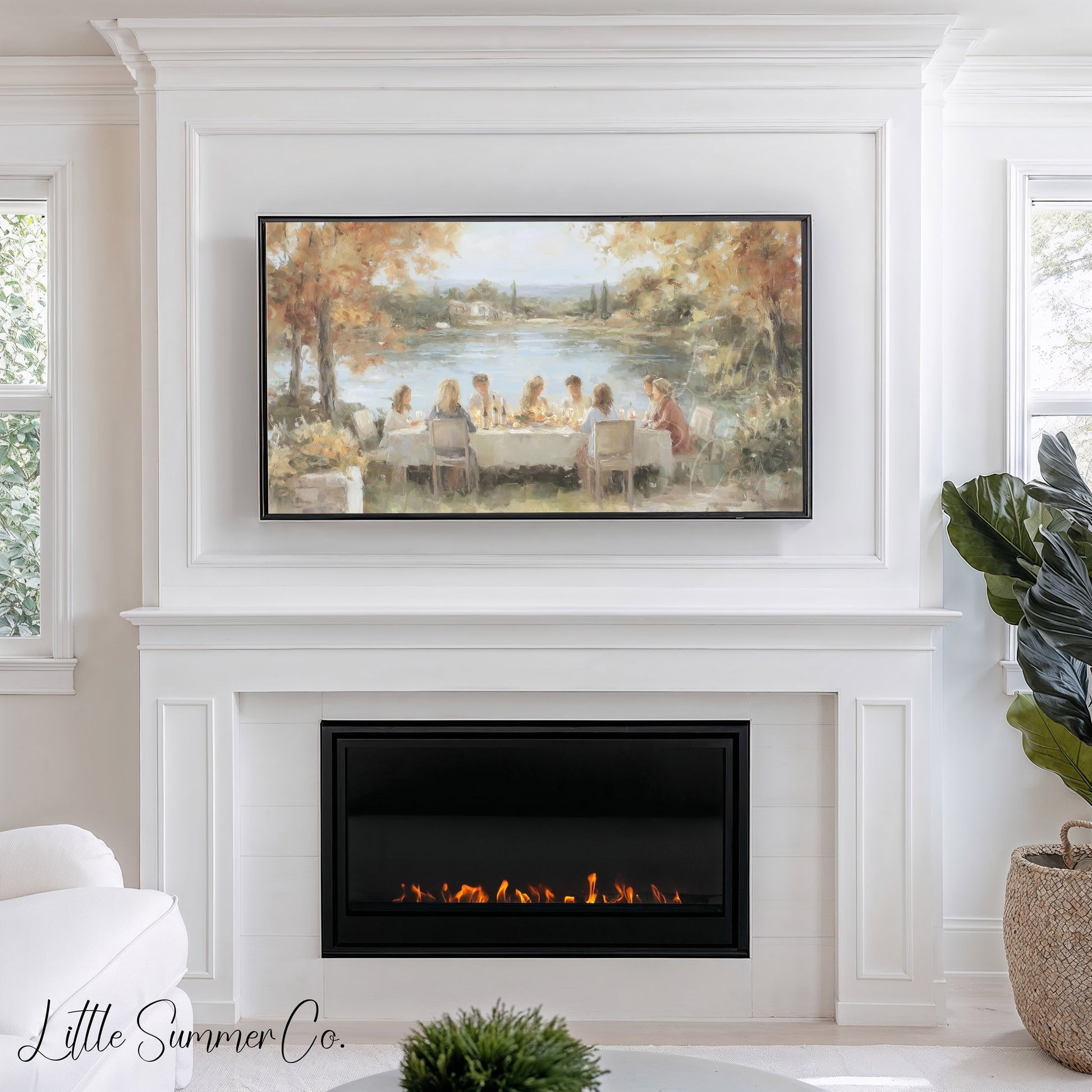 Lakeside Dinner Gathering Frame TV Art displayed on a TV