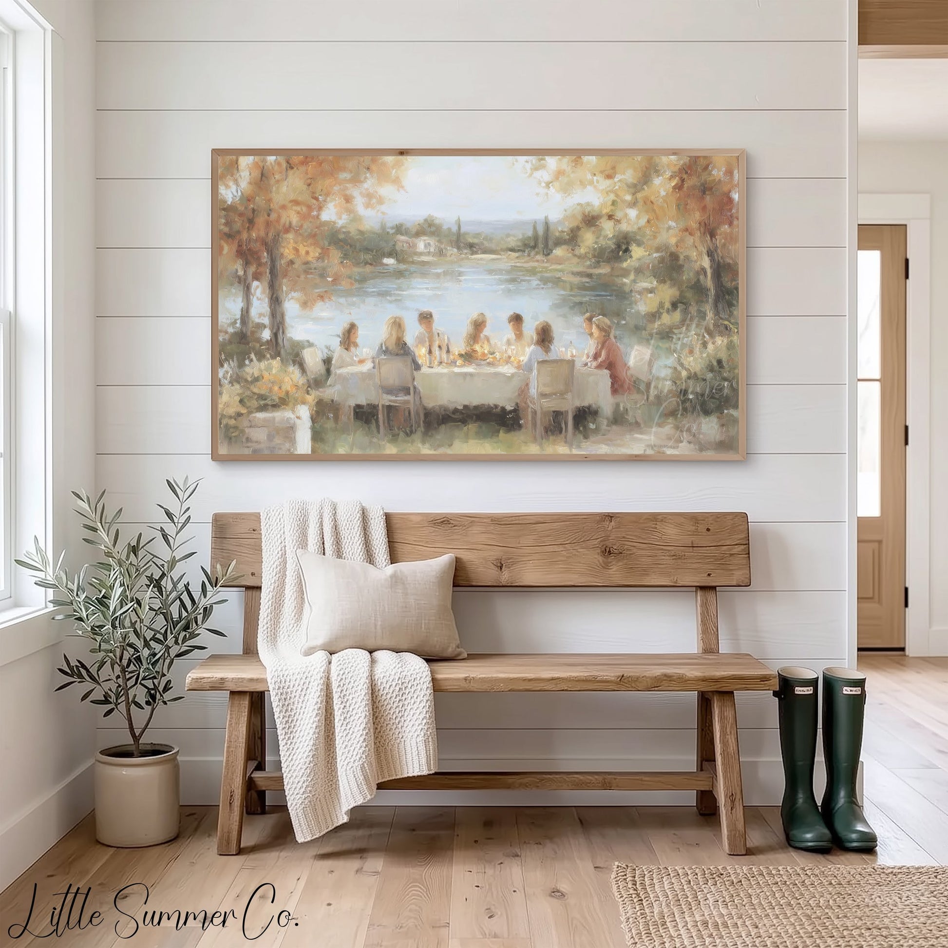 Lakeside Dinner Gathering Frame TV Art displayed on a TV