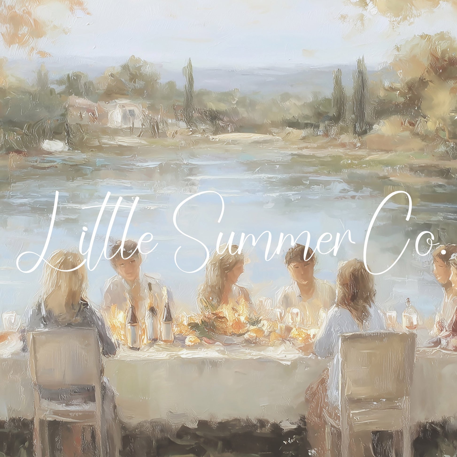Lakeside Dinner Gathering Frame TV Art displayed on a TV