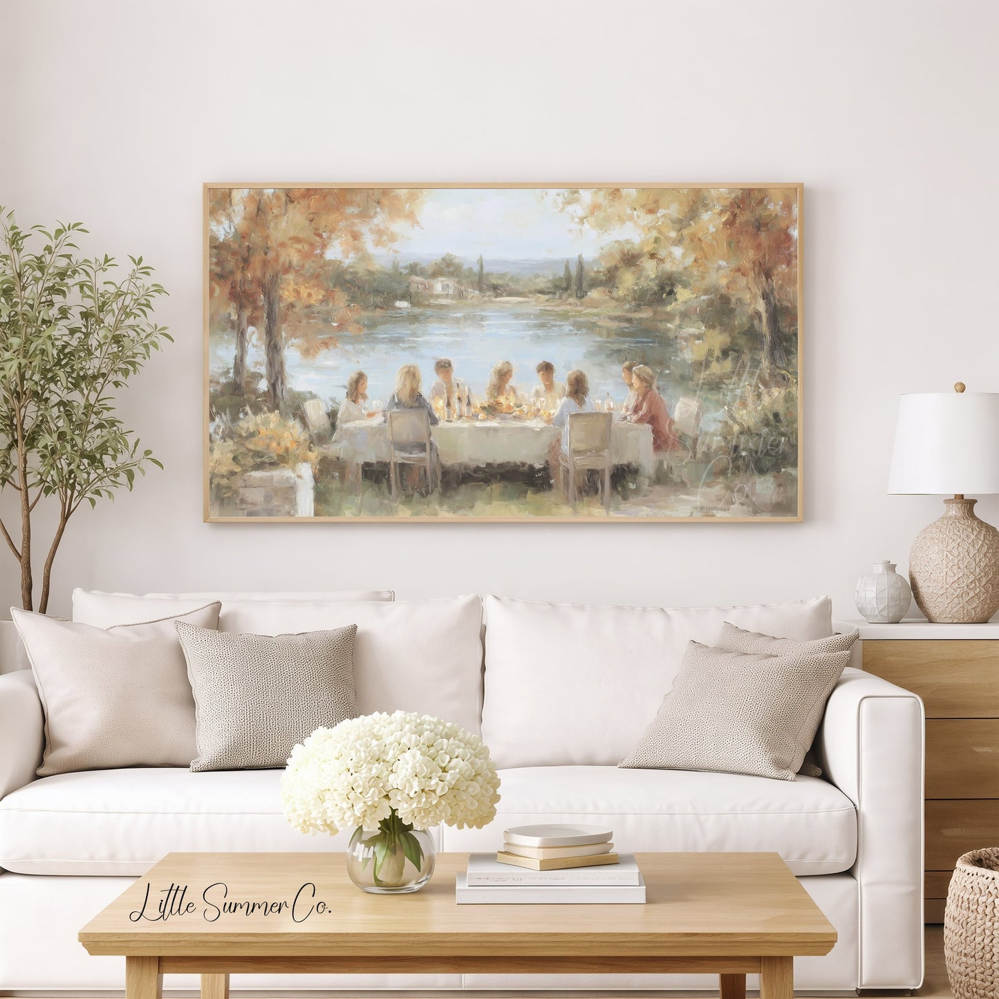 Lakeside Dinner Gathering Frame TV Art displayed on a TV