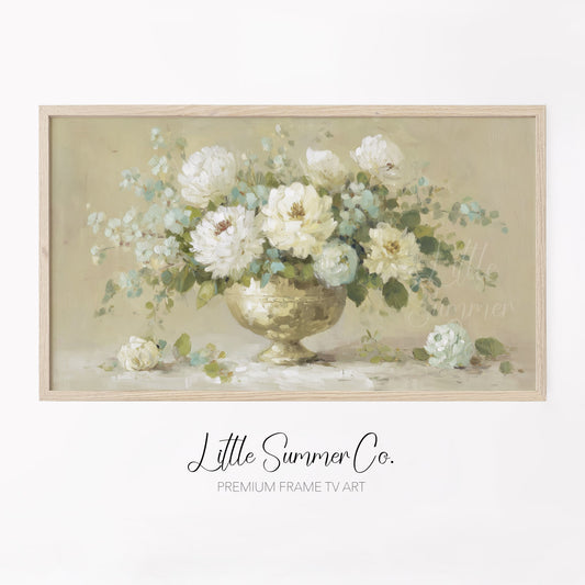 White Peony Arrangement Frame TV Art displayed on a TV