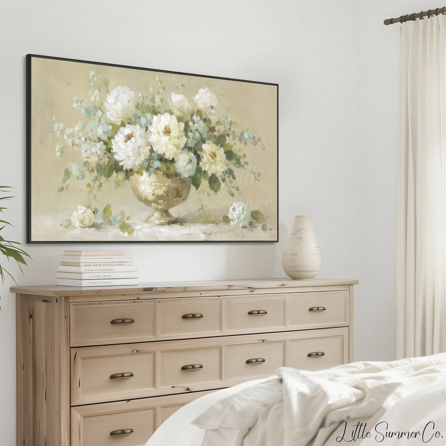 White Peony Arrangement Frame TV Art displayed on a TV