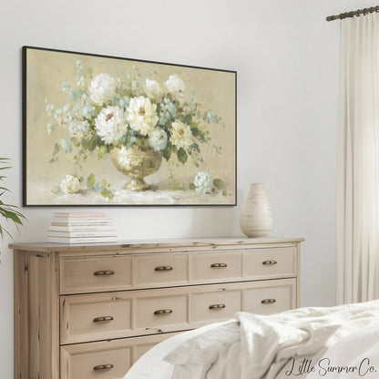 White Peony Arrangement Frame TV Art displayed on a TV
