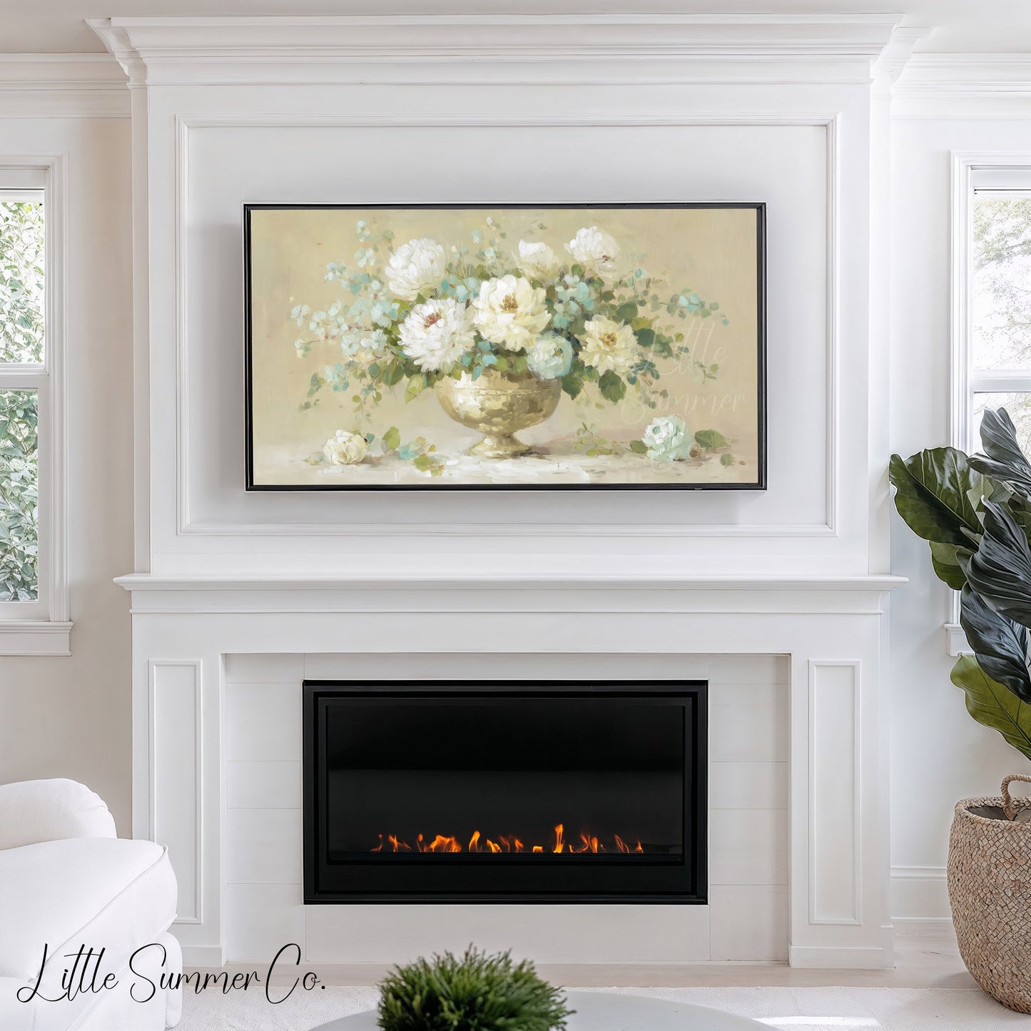 White Peony Arrangement Frame TV Art displayed on a TV
