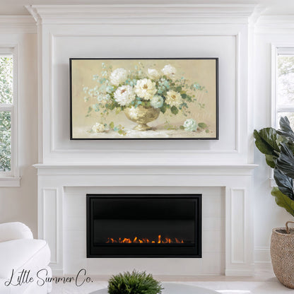 White Peony Arrangement Frame TV Art displayed on a TV
