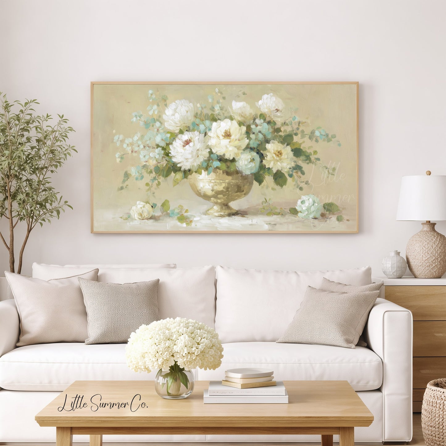 White Peony Arrangement Frame TV Art displayed on a TV