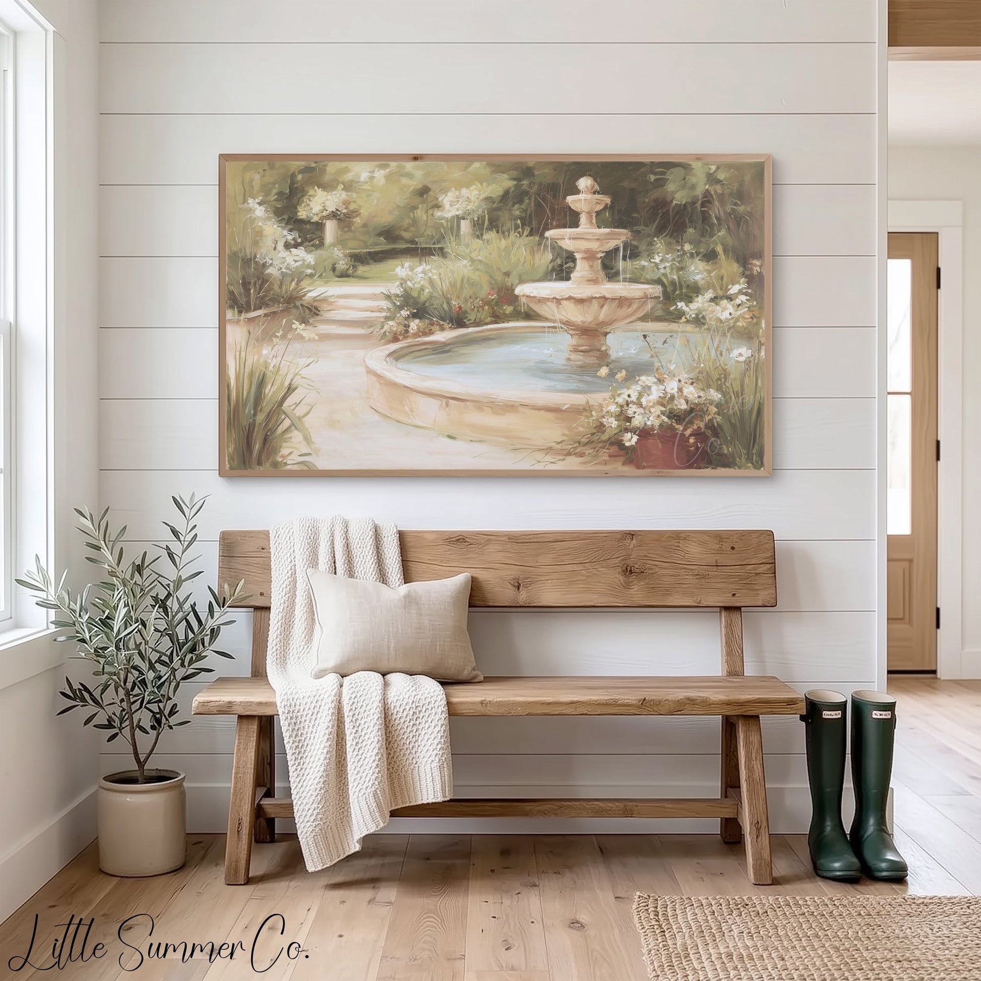 Garden Fountain Path Frame TV Art displayed on a TV
