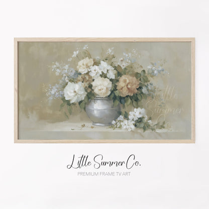 Peach Rose Bouquet Silver Vase Frame TV Art displayed on a TV