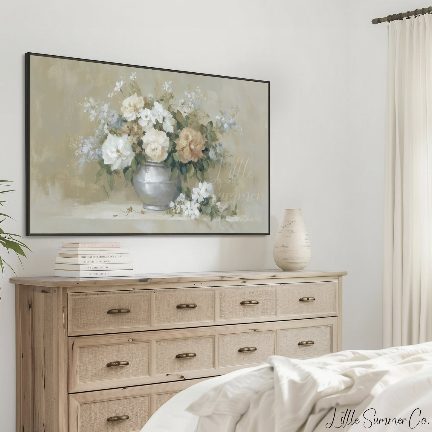 Peach Rose Bouquet Silver Vase Frame TV Art displayed on a TV