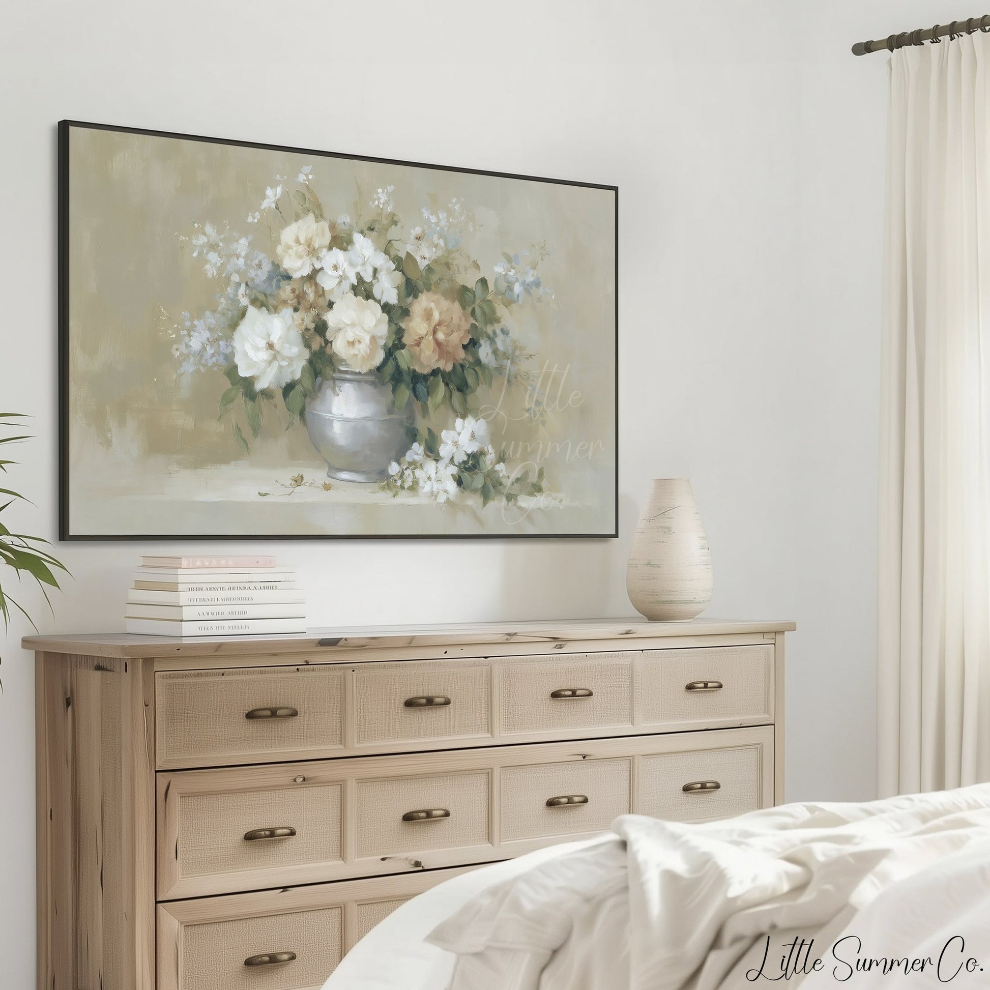 Peach Rose Bouquet Silver Vase Frame TV Art displayed on a TV