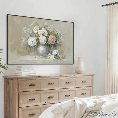 Peach Rose Bouquet Silver Vase Frame TV Art displayed on a TV
