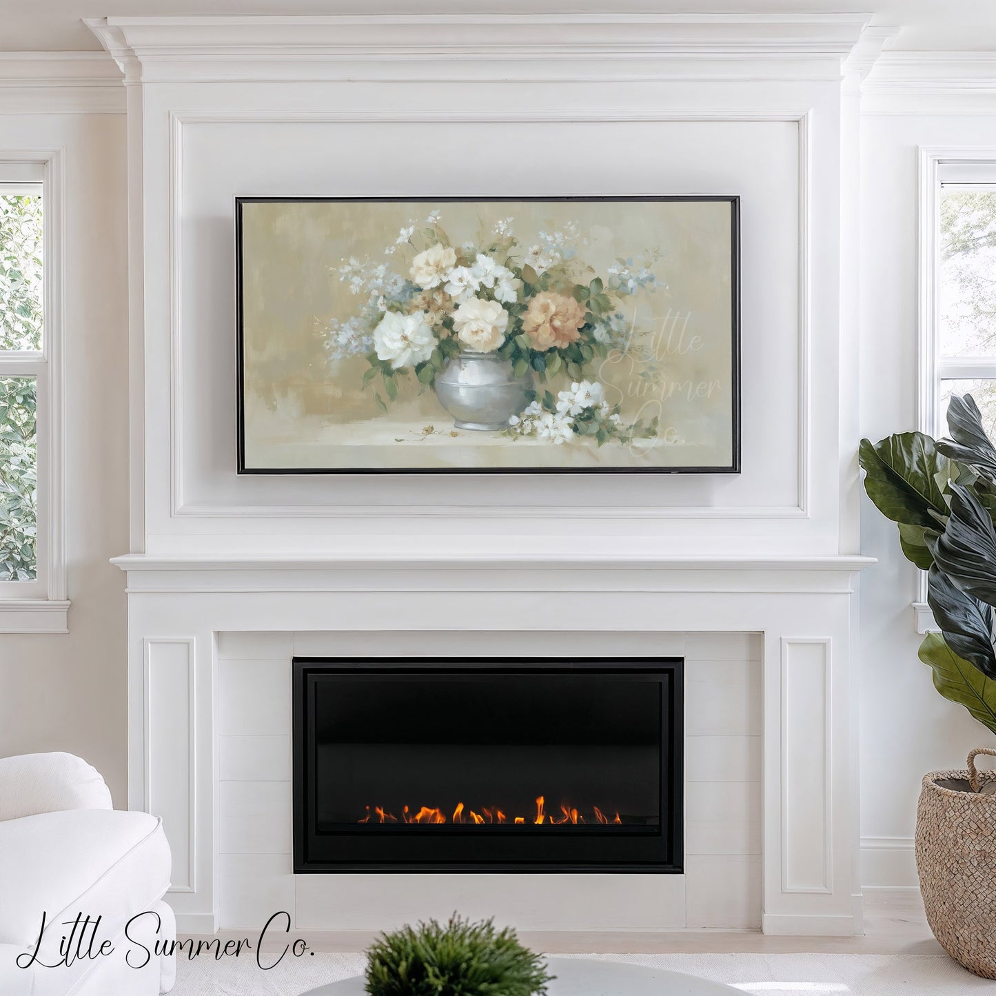 Peach Rose Bouquet Silver Vase Frame TV Art displayed on a TV