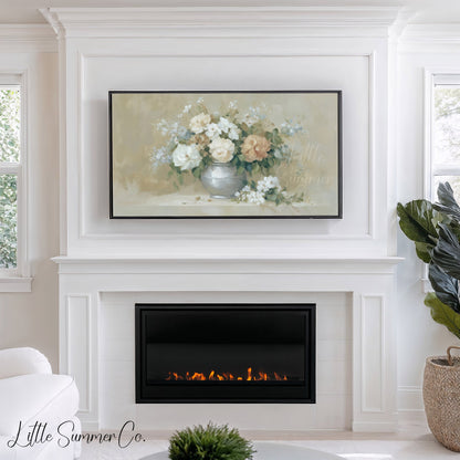 Peach Rose Bouquet Silver Vase Frame TV Art displayed on a TV