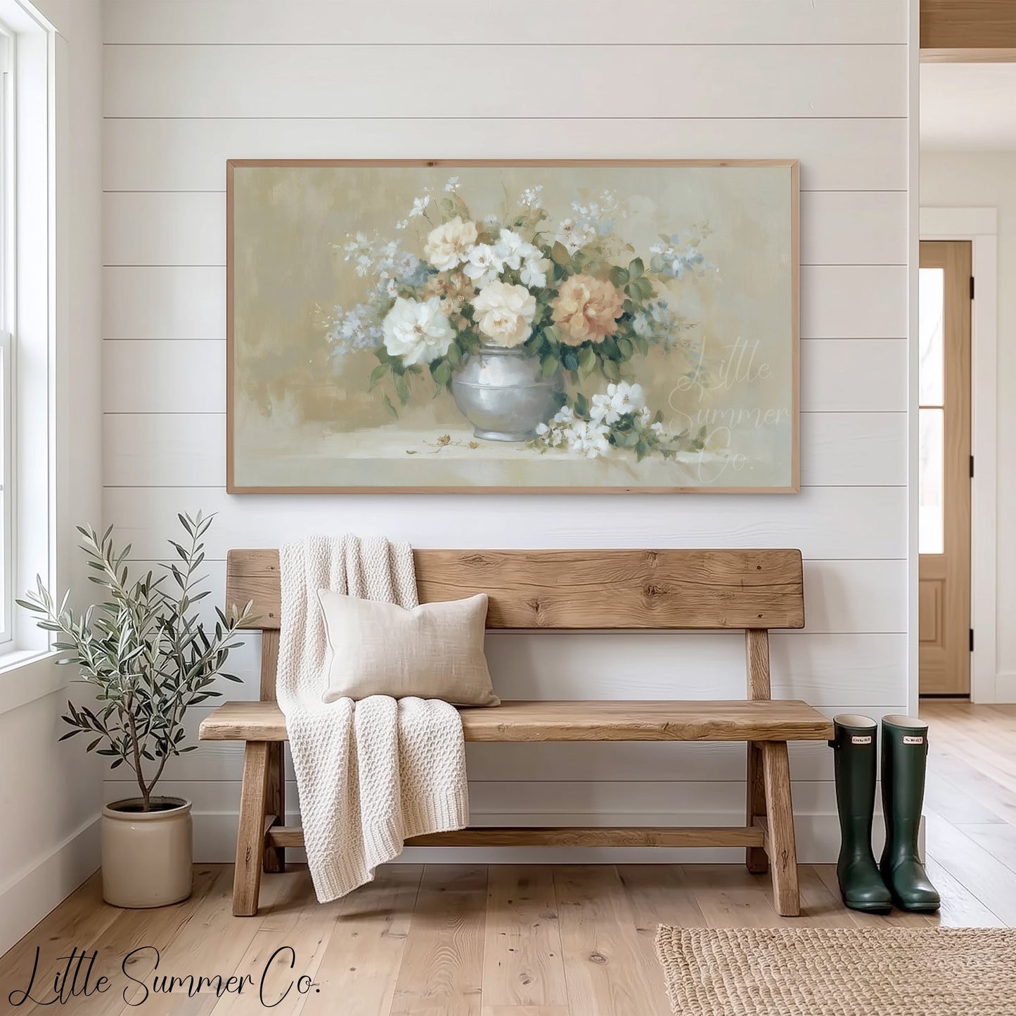 Peach Rose Bouquet Silver Vase Frame TV Art displayed on a TV
