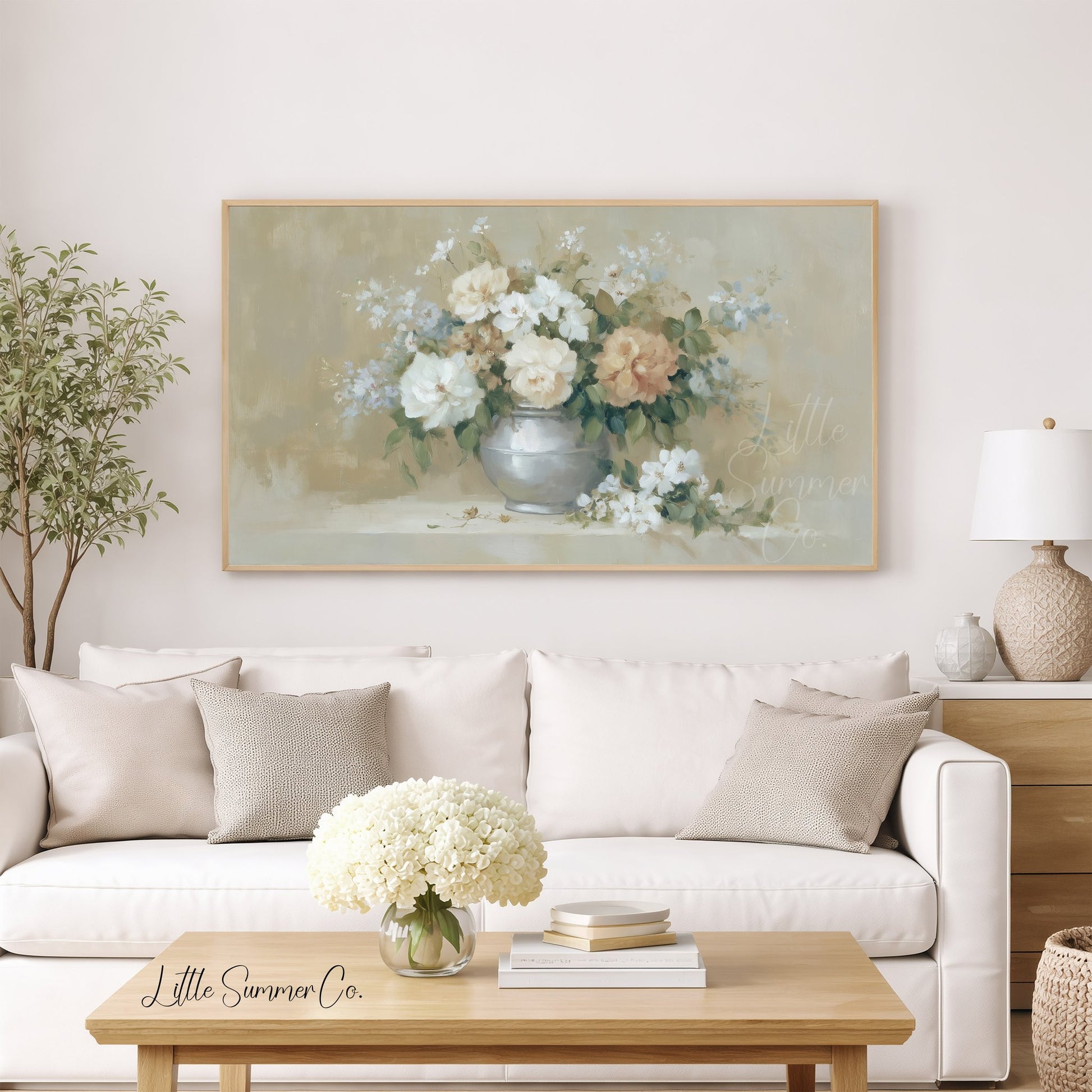 Peach Rose Bouquet Silver Vase Frame TV Art displayed on a TV