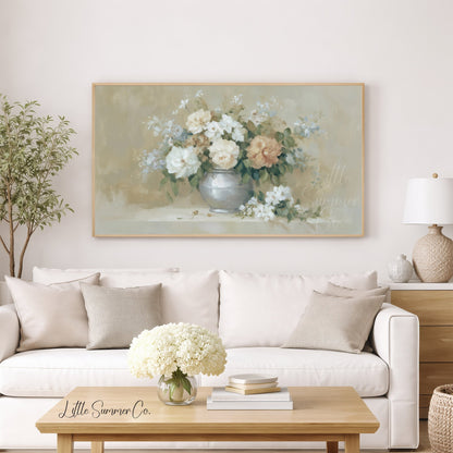 Peach Rose Bouquet Silver Vase Frame TV Art displayed on a TV