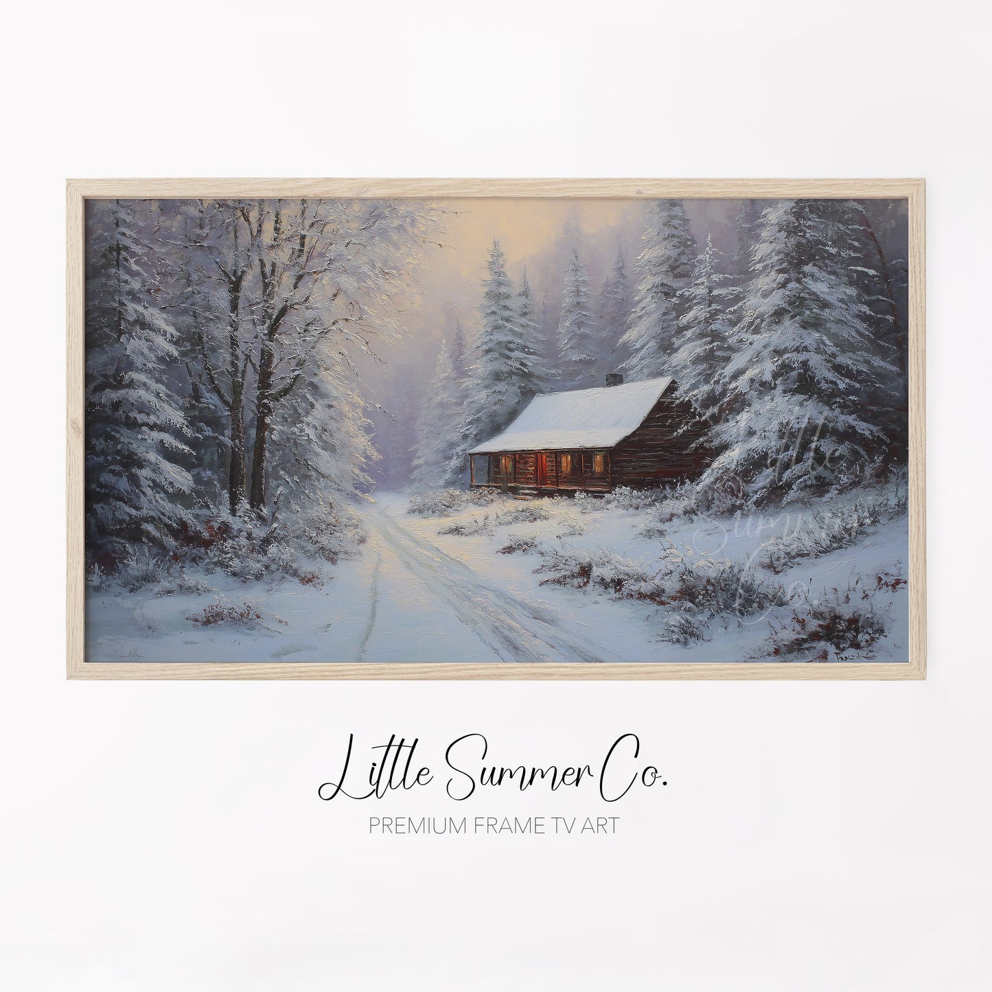 Snowy Forest Cabin Warm Glow Frame TV Art displayed on a TV