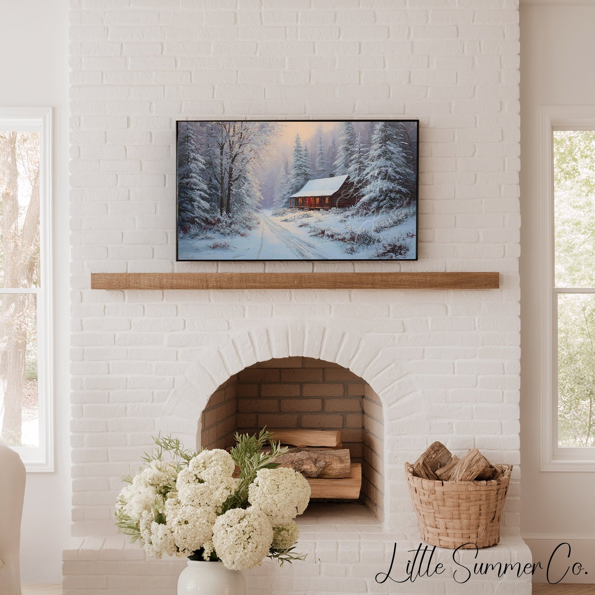 Snowy Forest Cabin Warm Glow Frame TV Art displayed on a TV