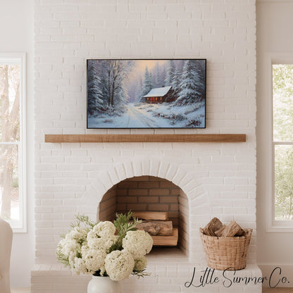 Snowy Forest Cabin Warm Glow Frame TV Art displayed on a TV