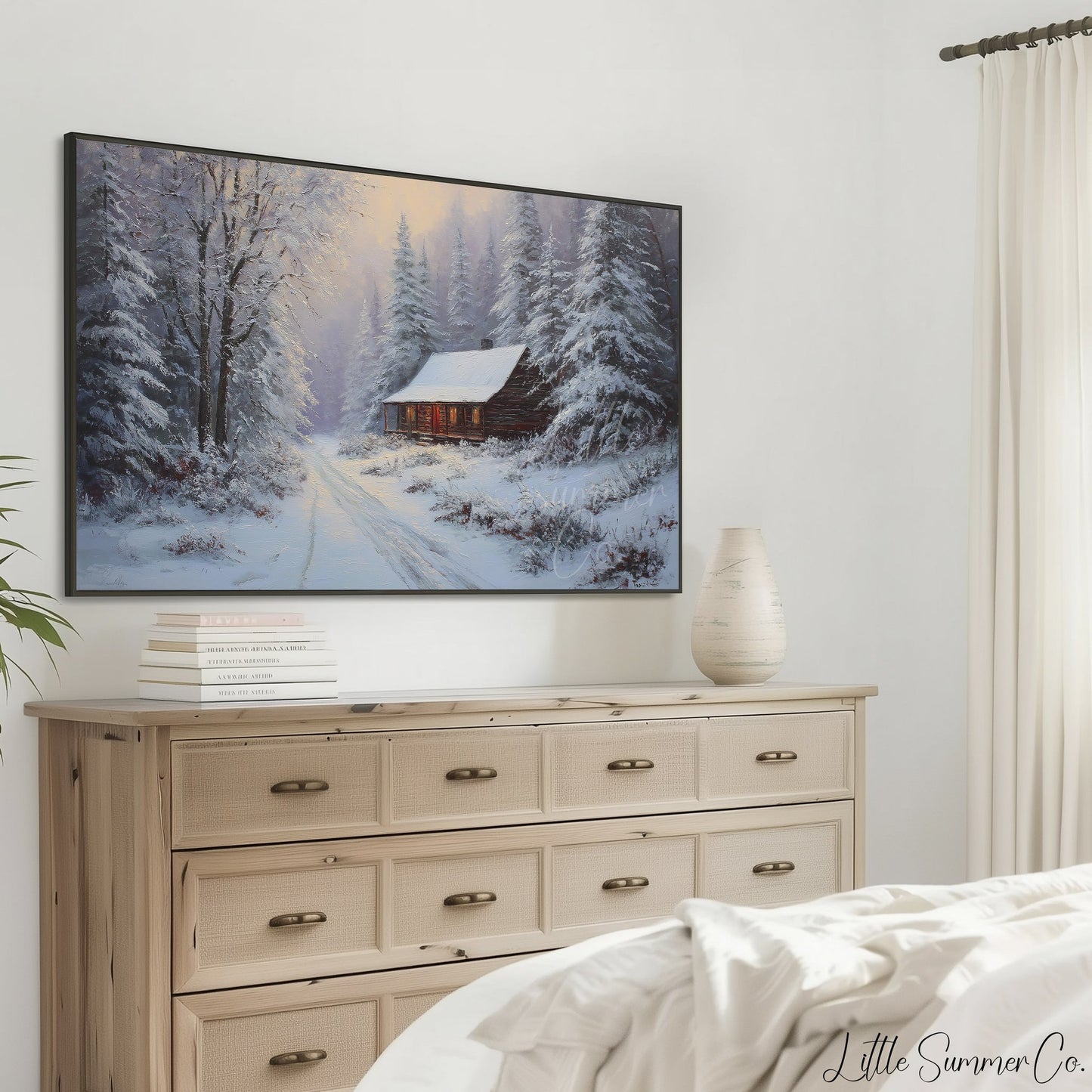 Snowy Forest Cabin Warm Glow Frame TV Art displayed on a TV