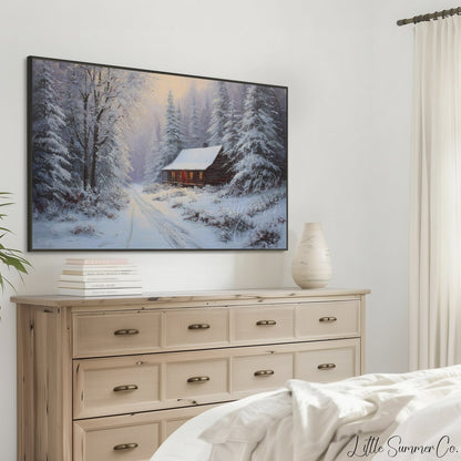 Snowy Forest Cabin Warm Glow Frame TV Art displayed on a TV
