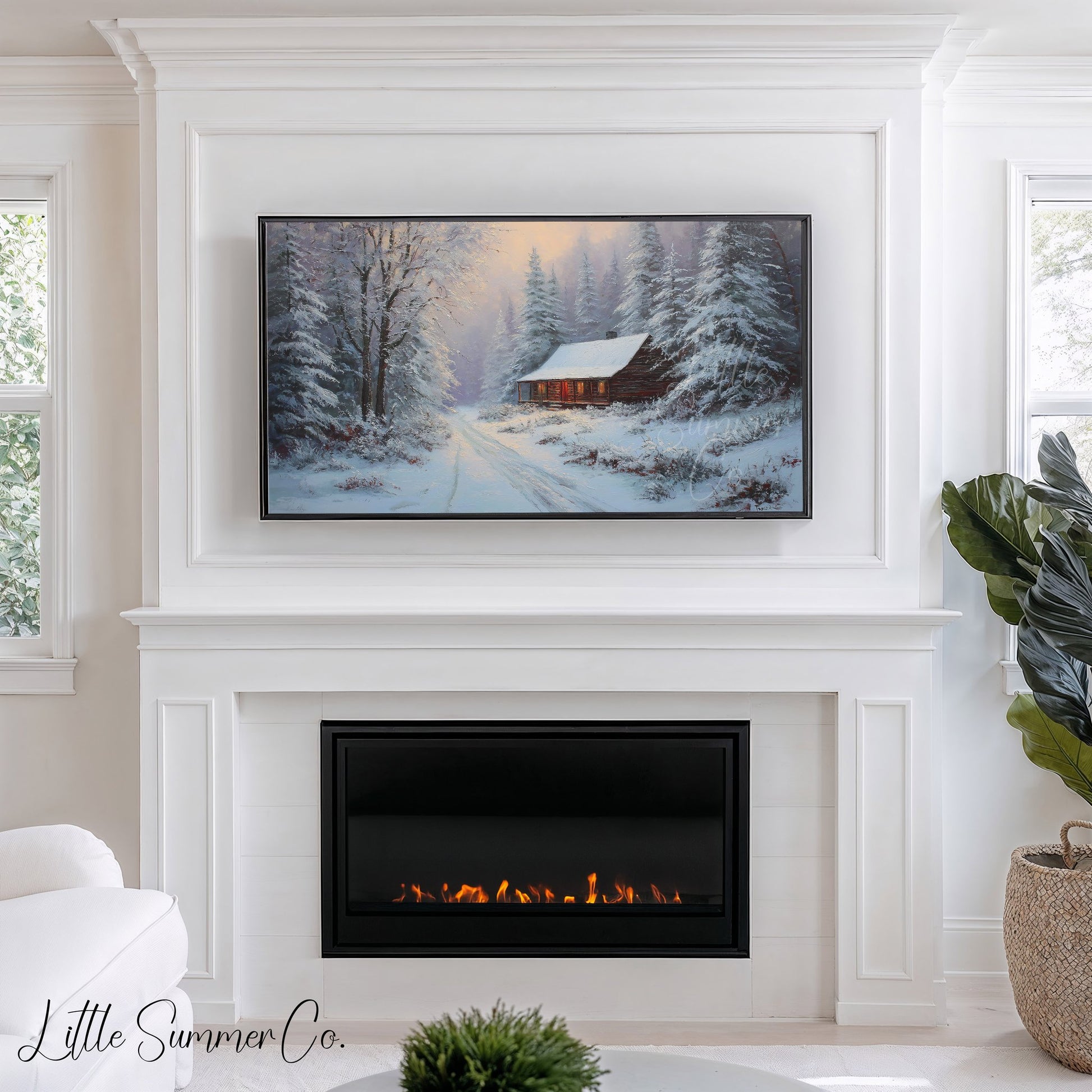 Snowy Forest Cabin Warm Glow Frame TV Art displayed on a TV