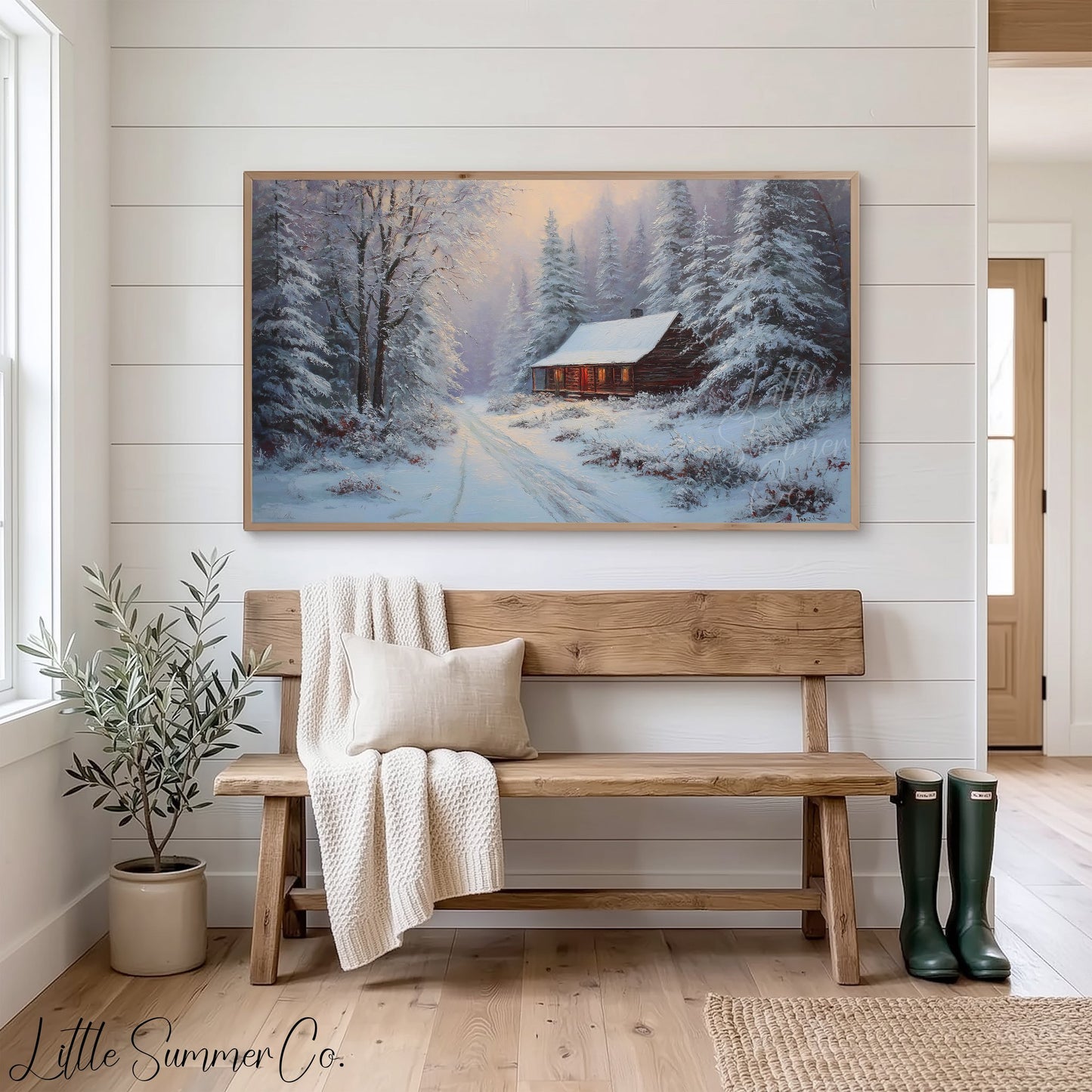 Snowy Forest Cabin Warm Glow Frame TV Art displayed on a TV