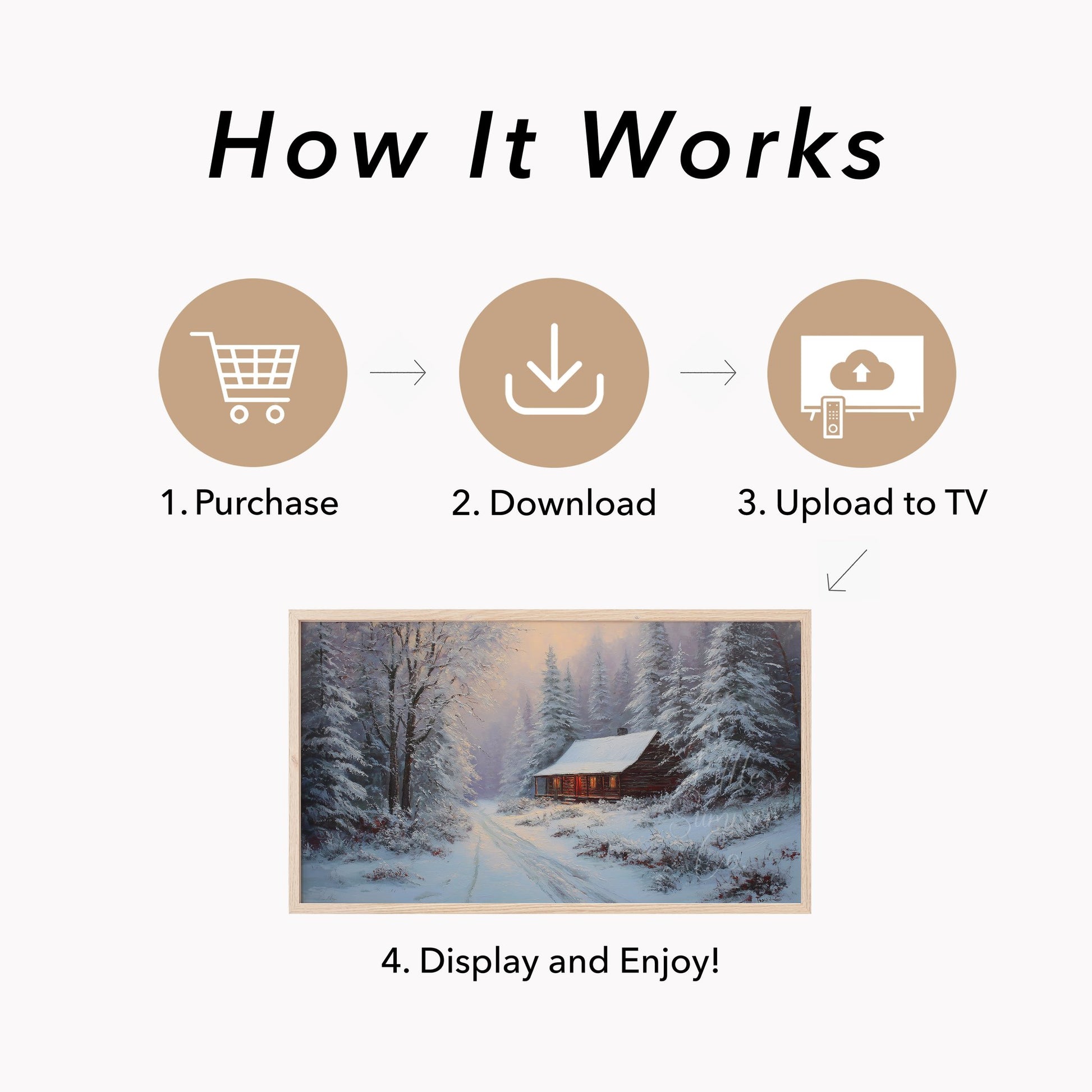 Snowy Forest Cabin Warm Glow Frame TV Art displayed on a TV