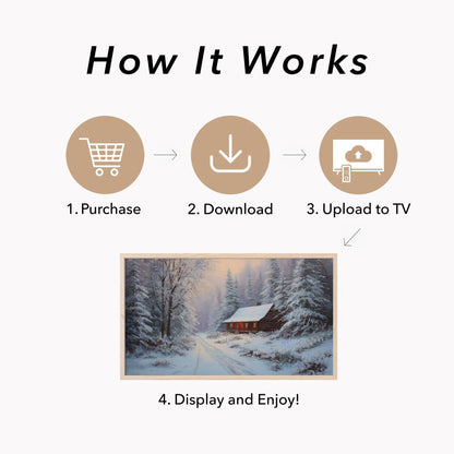 Snowy Forest Cabin Warm Glow Frame TV Art displayed on a TV