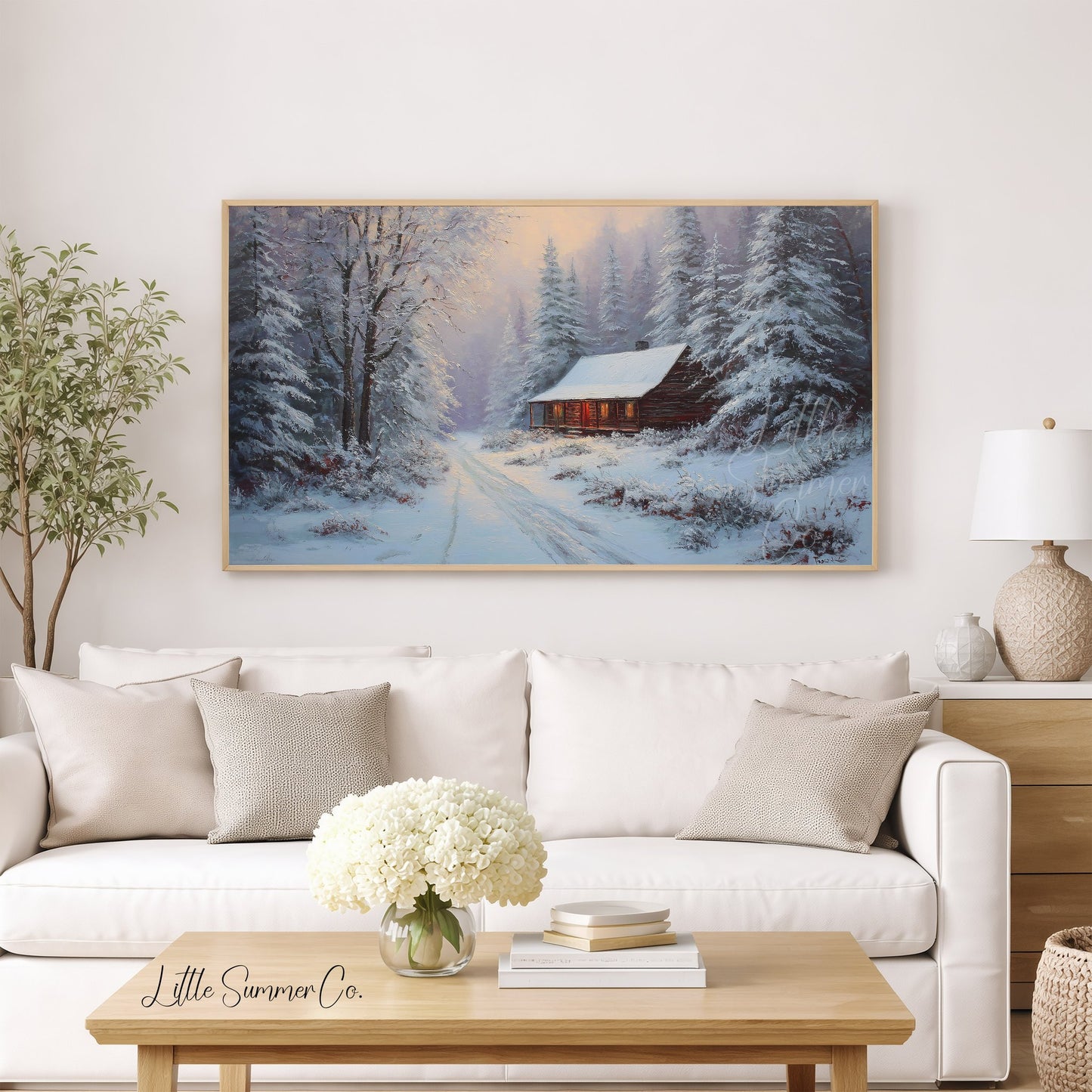 Snowy Forest Cabin Warm Glow Frame TV Art displayed on a TV