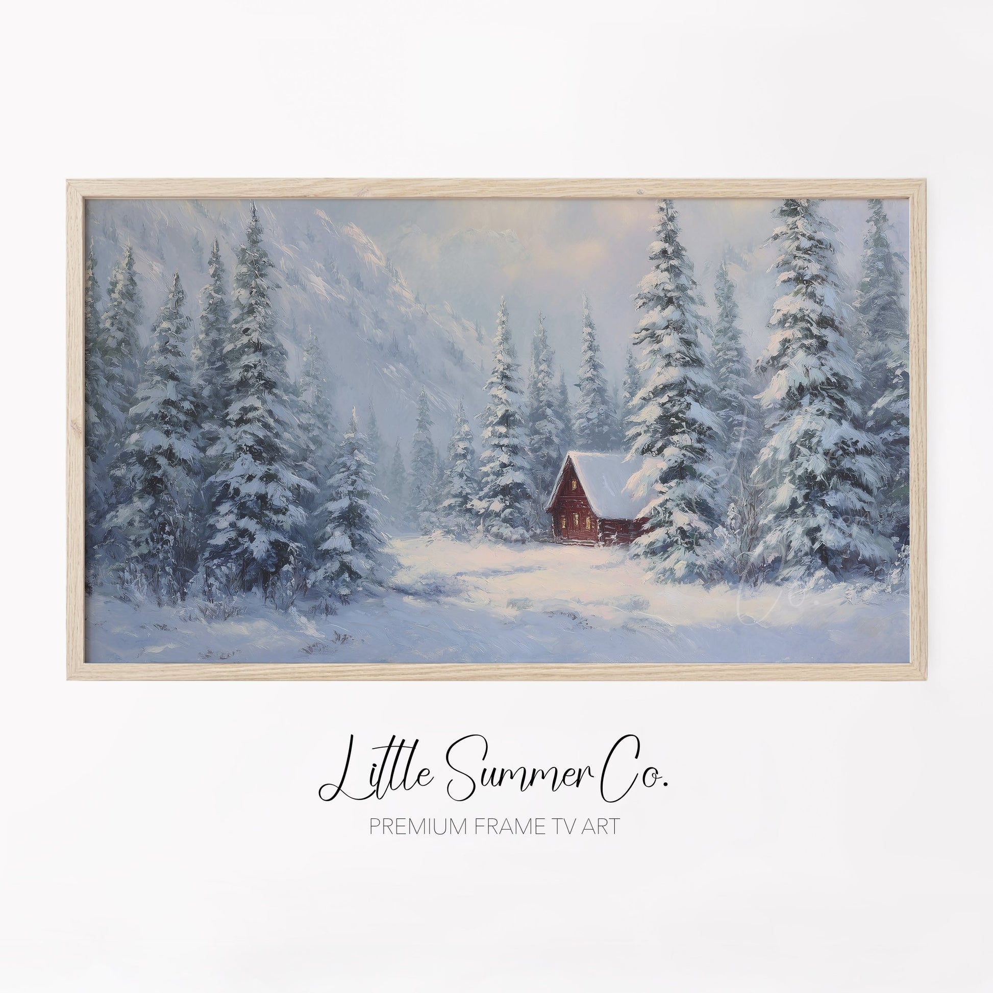Red Cabin Snowy Mountain Pines Frame TV Art displayed on a TV