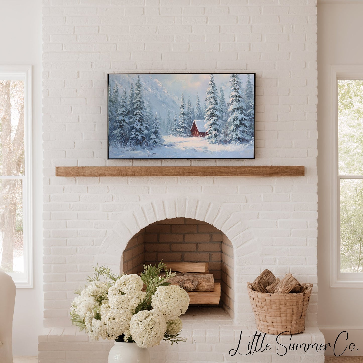 Red Cabin Snowy Mountain Pines Frame TV Art displayed on a TV