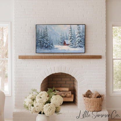Red Cabin Snowy Mountain Pines Frame TV Art displayed on a TV